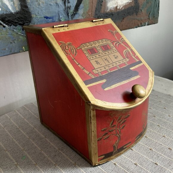 Vintage Tin Hinged Bin Lidded Canister Storage Box Asian Pagoda Made in Italy - Picture 1 of 13